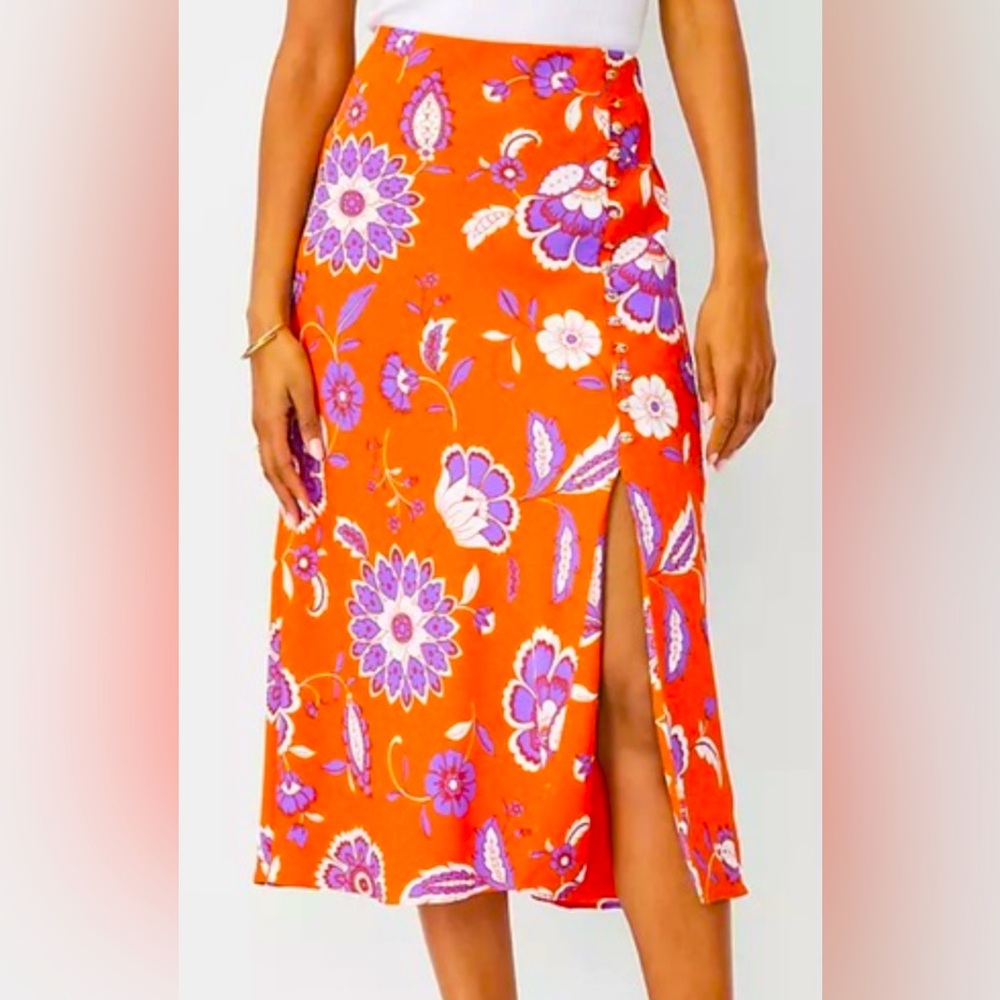 Ann Taylor Floral Orange Purple Slit Midi Skirt Faux Button Layered Women’s L